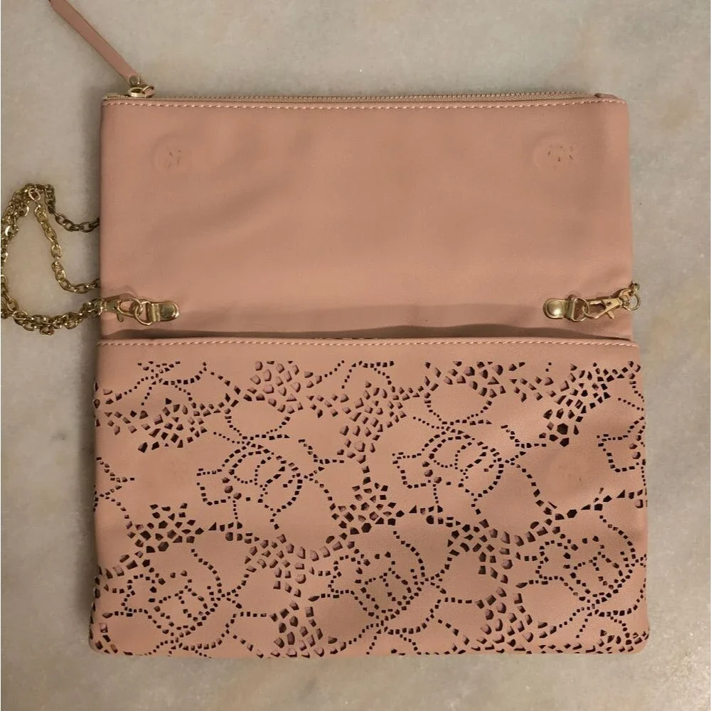 Urban Expressions Locket Clutch with chain In Blush Pink Laser Cut Vegan Leather